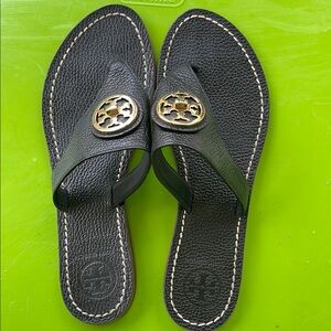 Tory Burch Black Thong Sandals with Gold Emblem